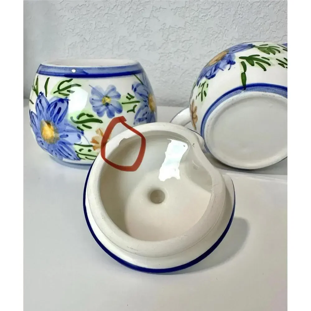 VTG Ceramic Sugar Bowl & Creamer Floral Pattern White Blue & Yellow Italy Made